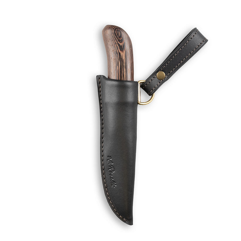 Roselli's limited edition knife "Carpenter knife black edition". Made from exclusive laminated carbon steel, wenge wood handle with carbon fiber ferrule. Comes with a handmade leather sheath in black.