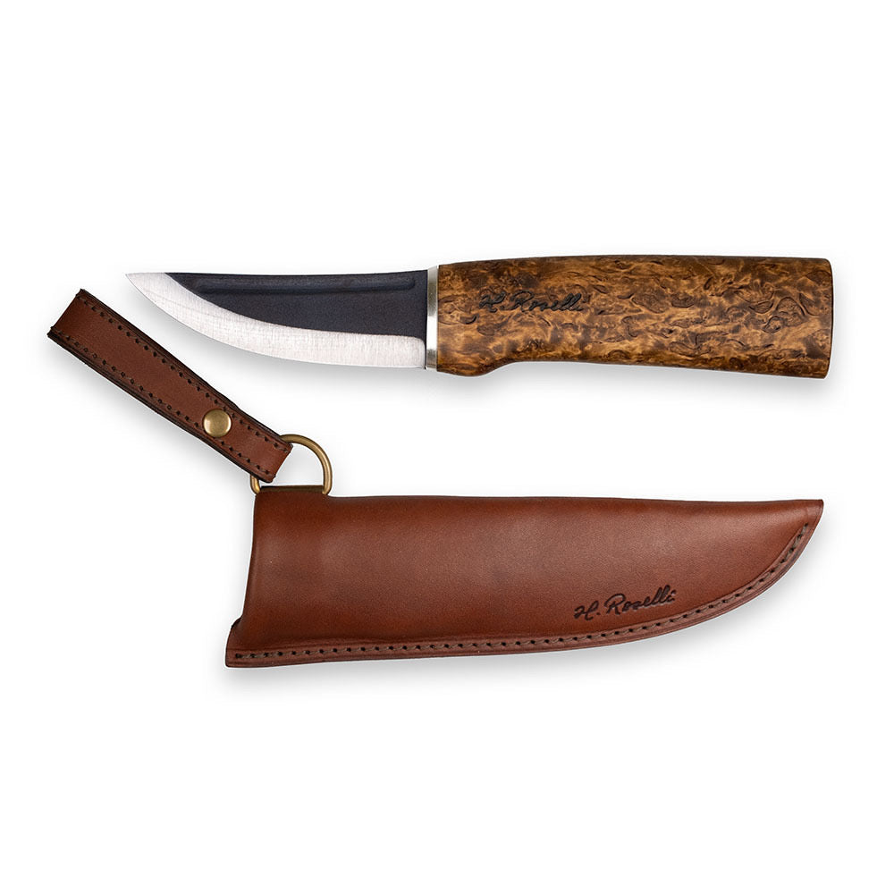 Handmade Finnish hunting and outdoor knife for hunting, camping and bushcraft. Made from carbon steel and stained curly birch. Comes with a handmade leather sheath. 
