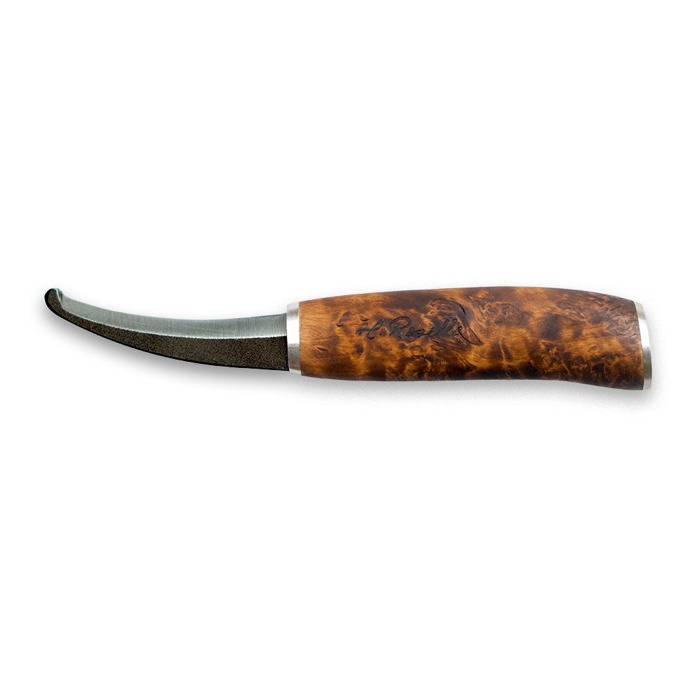 Roselli's Finnish handmade hunting knife in model "opening knife" with a handle made out of stained curly birch and details of silver ferrule.