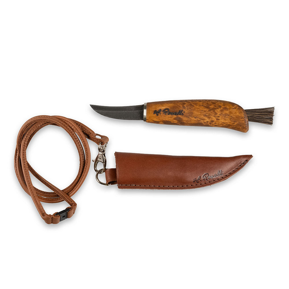 Roselli Mushroom knife with curly birch handle and a leather loop
