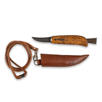 Roselli Mushroom knife with curly birch handle and a leather loop