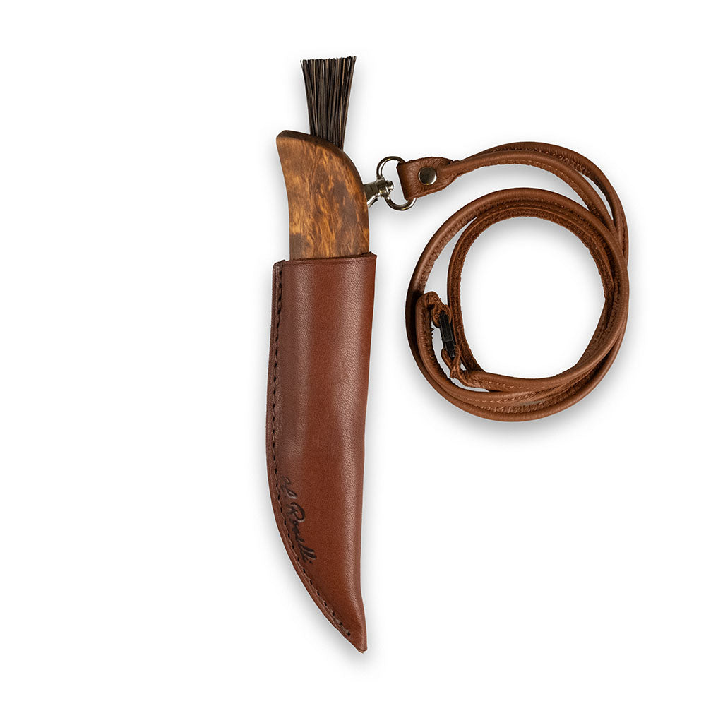 Roselli Mushroom knife with curly birch handle and a leather loop