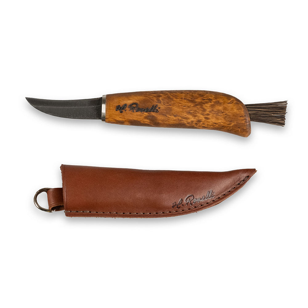 Roselli Mushroom knife with curly birch handle and a leather sheath