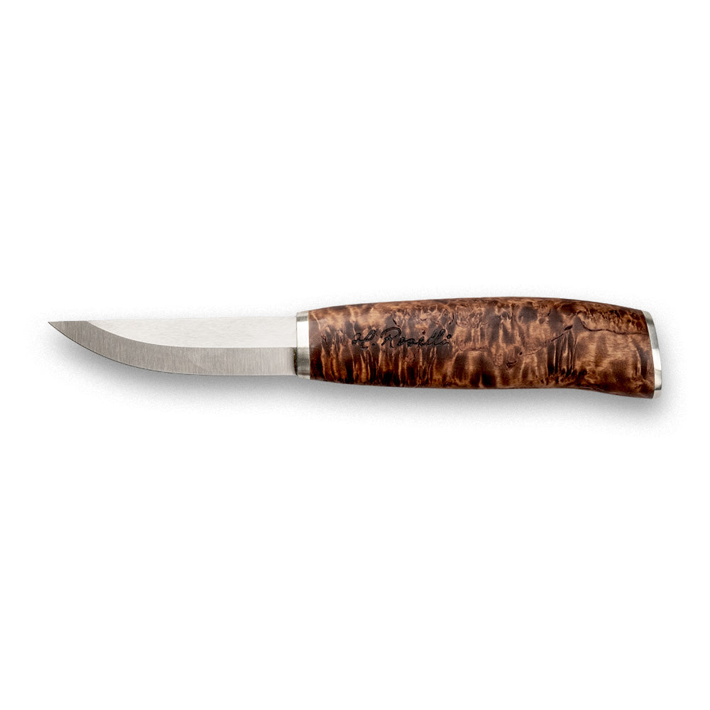 Handmade Finnish knife from Roselli in model "carpenter knife" comes with a handle made out of stained curly birch and details of silver ferrule