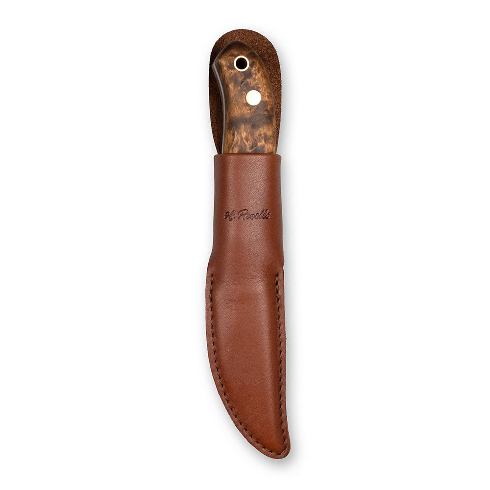 Rosellis handmade Finnish outdoor knife with a full tang blade. Based on our Carpenter knife. Stained curly birch handle and handmade leather sheath. 