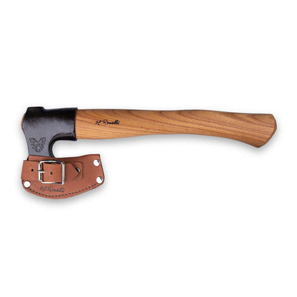 Roselli's handmade outdoor axe with a handle of red elm and a sheath made of dark Finnish vegetable leather.