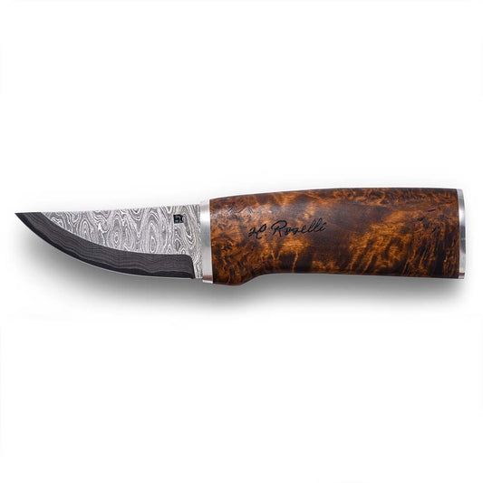 Handmade finnish hunting knife from Roselli in model "grandfather knife" with damscus steel , silver ferrule details and a handle made out of heat treated curly birch 